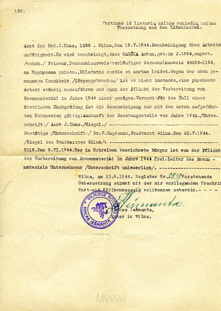 KKE 5884.jpg - (niemiecki) Dok. Zaświadczenie lekarskie dla Antoniego Graszko dotyczace choroby serca, Wilno, 13 VI 1944 r.